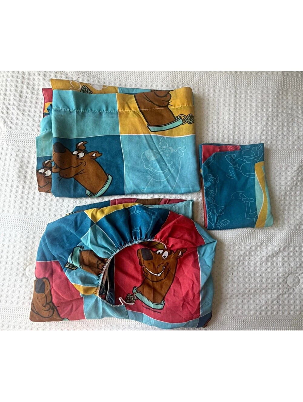 Vintage Kids Twin Sheet Set Scooby-Doo Novelty Cartoon Print Blue Red Yellow